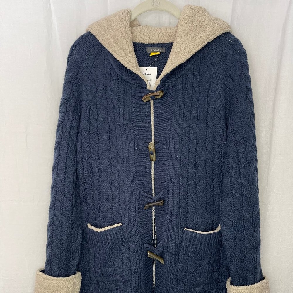 Cabela's NWT Women's Deer Lodge Shearling Hooded Sweater, Navy, Size Medium